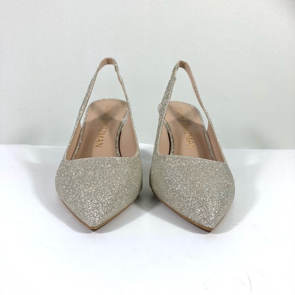NWB Stuart Weitzman Linsi 75 Pointed Toe Glitter Slingback Pump Glitter Platino - Picture 8 of 17